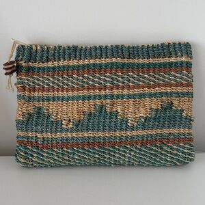 Vintage straw raffia clutch purse top zipper summer beach evening accessory teal